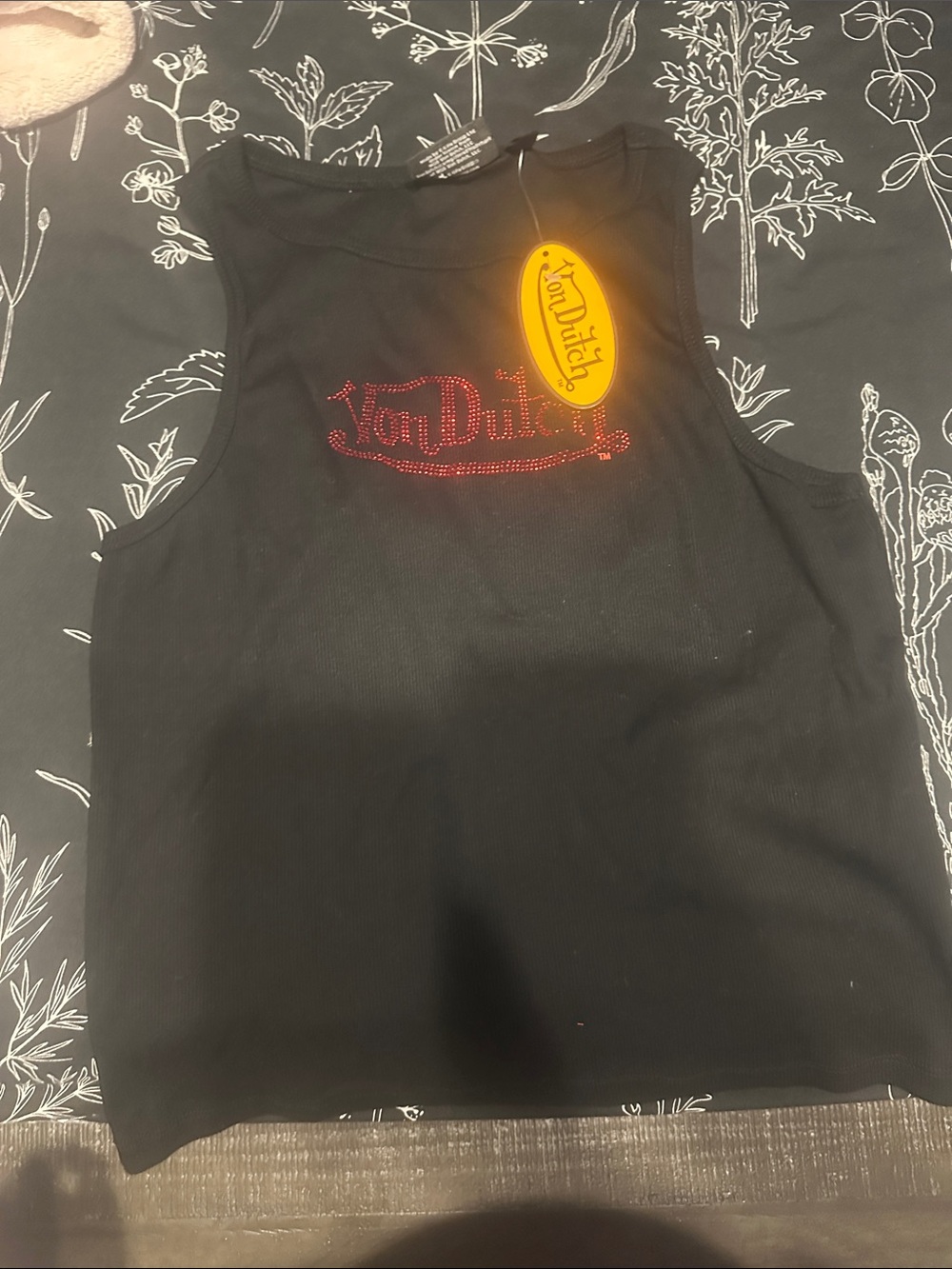 Von Dutch Black Ribbed Tank with Red Rhinestone Logo